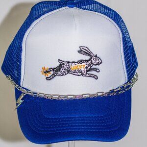Blue and white "Lucky Rabbit" trucker hat with hat jewelry